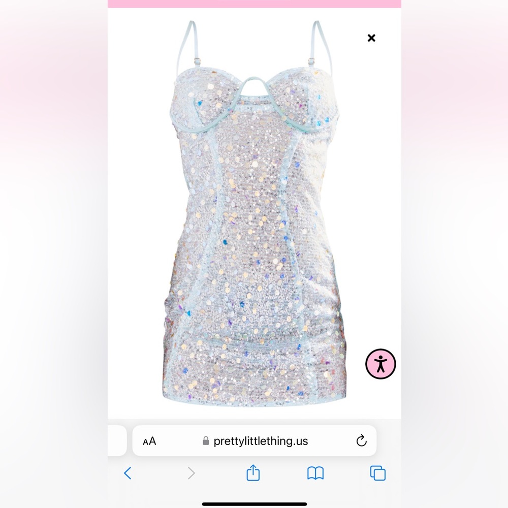 prettylittlething blue sequin dress sparkle shiny sheer petite mini